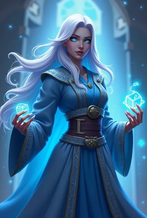 fortnite style girl, full body, extremely long white hair, broad hips, blue colored eyes, white skin, wearing a simple cleric robe adorned with glowing runes along the borders, no cleveage, modest outfit, magical aura, ethereal and enchanting atmosphere