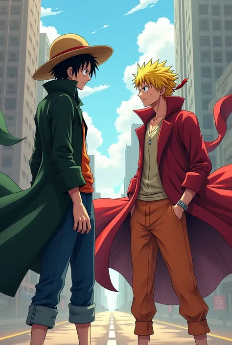 Make a photo of luffy and naruto wearing coat and pants