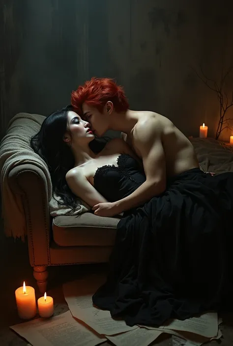  Half vampire, half witch, beautiful smokey eyes black,very beautiful in a black dress, black long witch hair,the witch&#39;s pupils are bright red,lying on the couch, There are candles on the floor around. , There are many sheets of paper lying and flying...