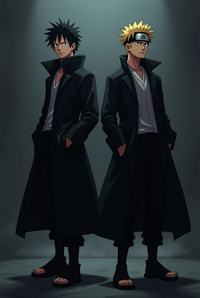 Make a photo of luffy and naruto wearing  black coat and pants