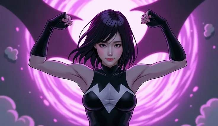 white skin black hair 19 year-old girl wearing sleeveless black power Ranger costume raising her arms up summoning legendary blackish purplish aura with a bat purplish hologram behind her, looking to the viewer, comic style 