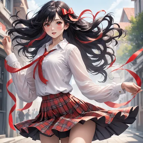 Create an image of a young girl dancing or singing to music in a simple background. She has long, flowing black hair and is wearing a crisp white blouse with rolled-up sleeves and an open collar. A vibrant red ribbon is tied at the collar, adding a touch o...