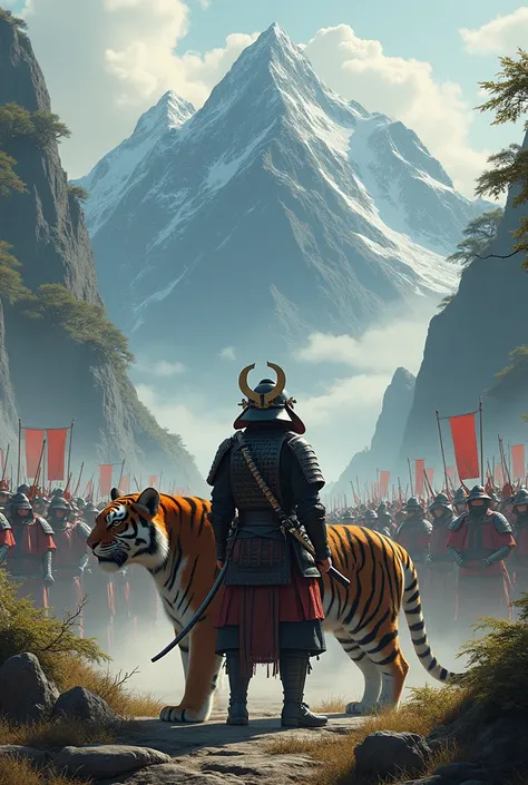 samurai with his pet tiger facing a huge army of samurai