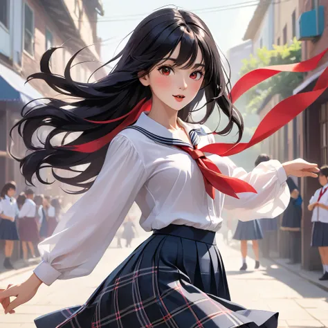 Create an image of a young girl dancing or singing to music in a simple background. She has long, flowing black hair and is wearing a crisp white blouse with rolled-up sleeves and an open collar. A vibrant red ribbon is tied at the collar, adding a touch o...