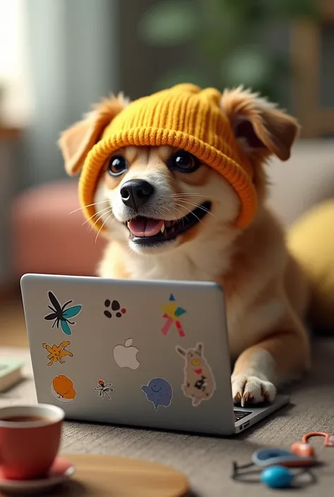 Dog wearing a shirt on his head
And learning to use a laptop 