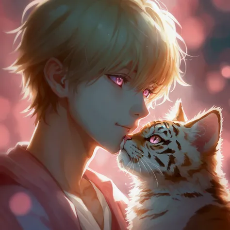 Handsome boy and kitten, High resolution, short hair, blonde hair, masterpiece, best quality, detail, Tempting, Pink gradient colored eyes, Eyes have light spots, ribbon, love hairpin, transparent gauze, flower, Audai, raindrop, Tiger Teeth