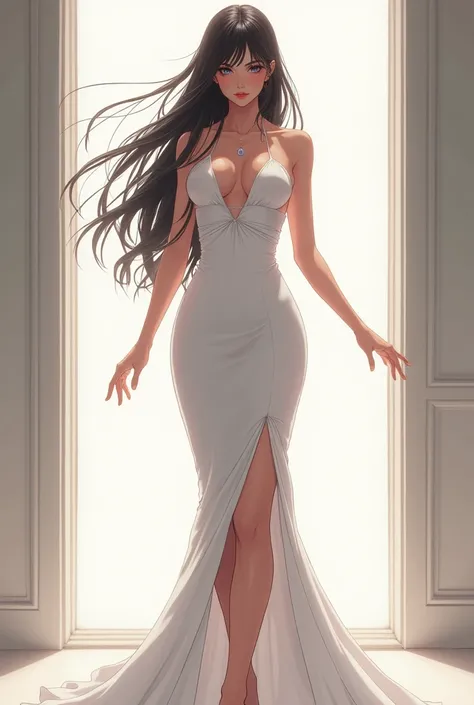 Anime milf standing in high slit white dress