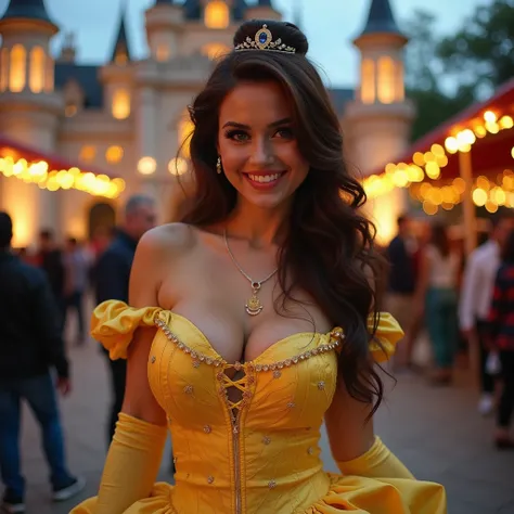 a beautiful woman, an argentinian woman, detailed beautiful face, large breasts, sexy disney princess cosplay, belle from beauty and the beast cosplay, sexy woman, looking at camera, provocative poses, beautiful eyes, lips, nose, She has a vulptuous body a...