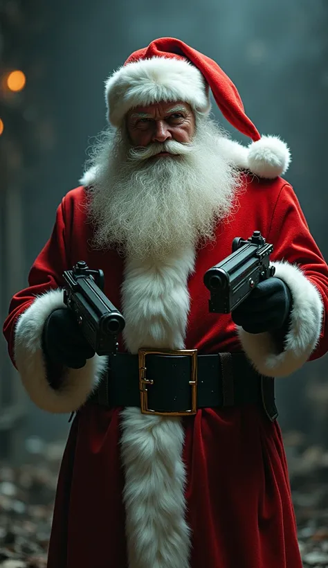 Santa claus with machine gun, white hair, white beard, santa claus outfit, teo machine guns in hands, bad santa claus, 