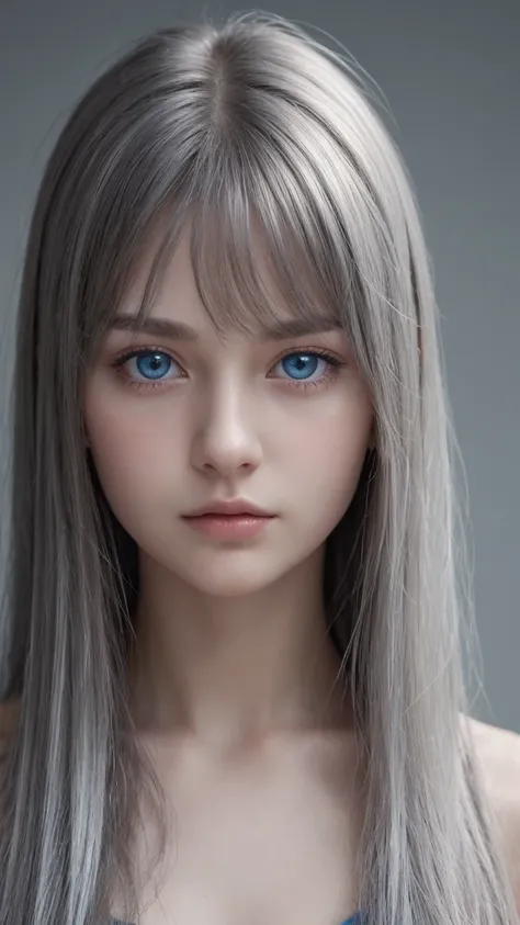 a girl. european. extremely detailed face. delicate features. half-closed eyes. blue eyes. long straight hair, bangs, messy hair. silver hair. expressionless expression. provocative appearance