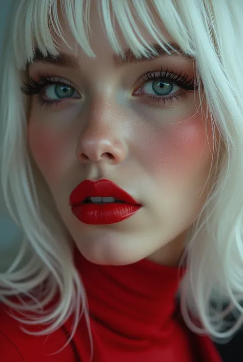 Close-up of a beautiful woman wearing red lipstick, white hair</input></xml>，Cyberpunk，Jackie Wells, CG Society 9, style = Retro-futuristic fashion, Movie《Blade Runner》Stills, Moebius Aesthetics, MovieStills, Depicted as a science fiction scene