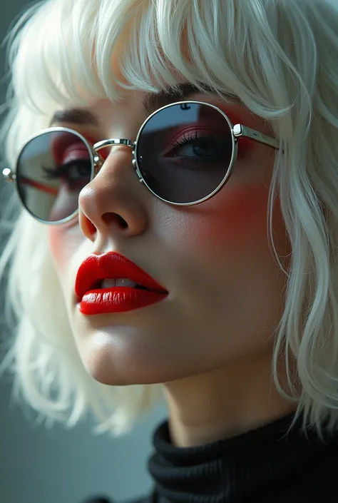 Close-up of a beautiful woman wearing red lipstick, white hair</input></xml>，Cyberpunk，Jackie Wells, CG Society 9, style = Retro-futuristic fashion, Movie《Blade Runner》Stills, Moebius Aesthetics, MovieStills, Depicted as a science fiction scene