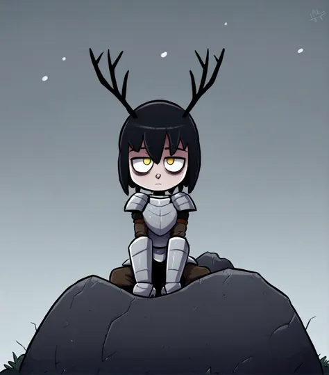 1 girl, solo, knight&#39;s armor, Half mask in the form of a skull with deer antlers, tired look, yellow eyes, bags under the eyes, sitting on a rock, Broken armor, Short hair Hair, long bangs, Black hair, black, , winter, Grey sky, clouds, Falling snow, G...