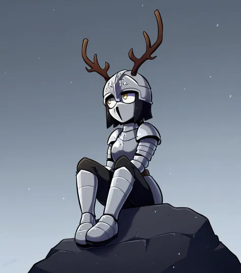 1 girl, solo, knight&#39;s armor, Half mask in the form of a skull with deer antlers, tired look, yellow eyes, bags under the eyes, sitting on a rock, Broken armor, Short hair Hair, long bangs, Black hair, black, , winter, Grey sky, clouds, Falling snow, G...