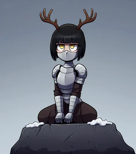 1 girl, solo, knight&#39;s armor, Half mask in the form of a skull with deer antlers, tired look, yellow eyes, bags under the eyes, sitting on a rock, Broken armor, Short hair Hair, long bangs, Black hair, black, , winter, Grey sky, clouds, Falling snow, G...