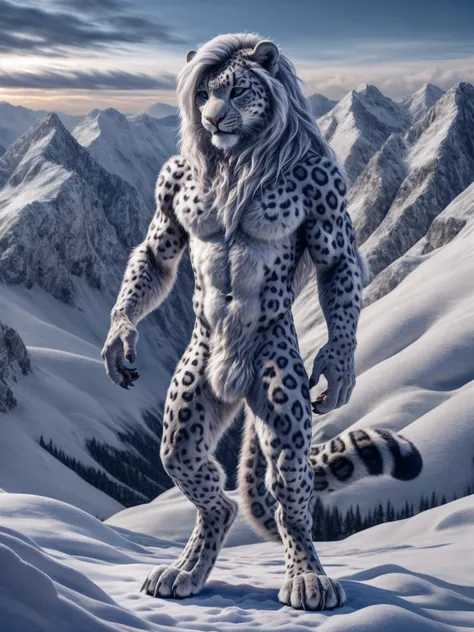 Full body, Snow leopard, Male, is standing, Fuzzy, Front view, with mane, Claws on fingers and toes, very detailed fur, in the mountains, highest quality, photorealistic, high resolution, visually breathtaking (Detailed lighting)