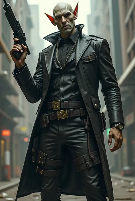 RPG, realistic tall man with face of an alien with long pointy ears, he is wearing a mafia suit suitable for carrying different weapons with many garters and belts. holding a laser gun up, he is wearing a hat, highly detailed, standing 3/4 view, medium sho...