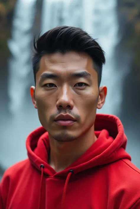 Hyper smooth realistic detail photo graphy of handsome asian man with red hoodie. Look at the camera. Back ground waterfall