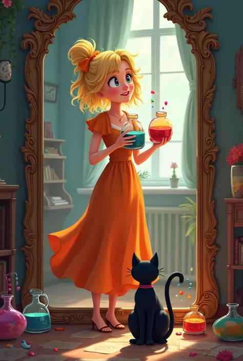 Cheerful Blonde in front of the mirror holding potions in her hands, A black cat sits next to it