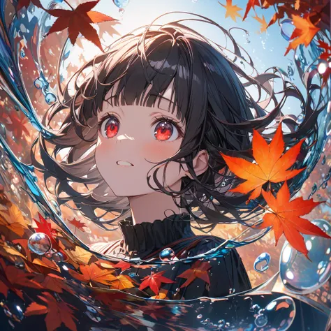 Strong emotions、Look up at the sky、autumn leaves、autumn leavesの葉、autumn、Shortcuts、Blunt bangs、Red eye color、Very detailed, 8k, bubble, Right Blue Water, Nice, bright、Black Hair Girl、Splash