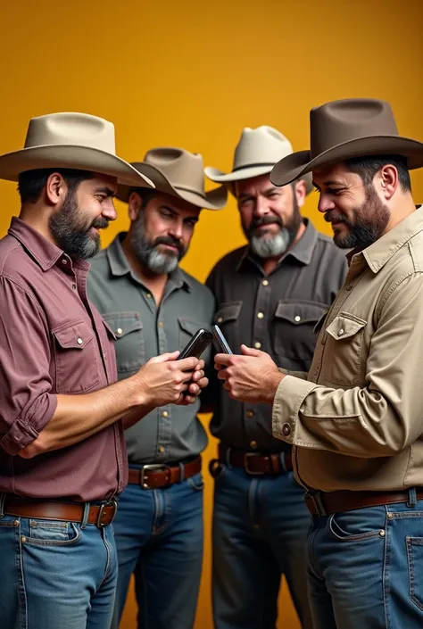 A group of male farmers wearing cowboy hats and traditional farming attire, standing confidently. One farmer, with a strong jawline and expressive eyes, is holding a smartphone and showing the screen to the others. Another farmer, positioned in the front, ...