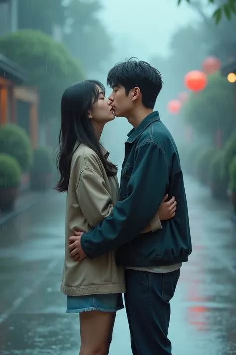 Korean couple standing on a road in the rain, the boy is kissing on the cheek of the girl 