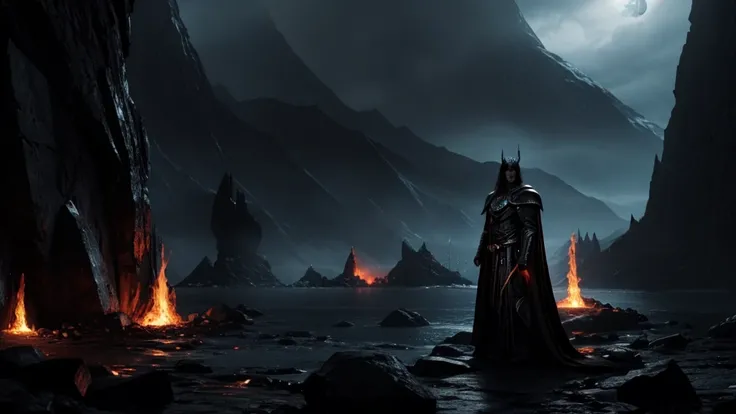 Morgoth is seated upon a massive, dark throne deep within the shadowed halls of Angband, his fortress of iron and despair. The vast chamber is dimly lit by the flickering glow of molten lava flowing through deep cracks in the stone floor, casting a red, he...