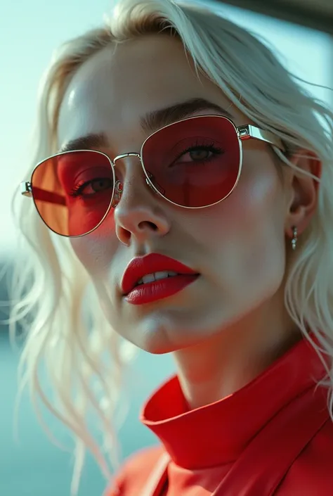 Close-up of a beautiful woman wearing red lipstick, white hair</input></xml>，sunglasses，Cyberpunk，style=Retro-futuristic fashion, Movie《Blade Runner》Stills, Moebius Aesthetics, Depicted as a science fiction scene