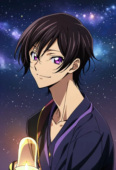 Anime man code geass lelouch lamp clock. ,short black hair,unique violet eyes, I smile, Simple background, Great job, precise, Anatomy is correct, Best quality,   Side view looking at starry night sky 