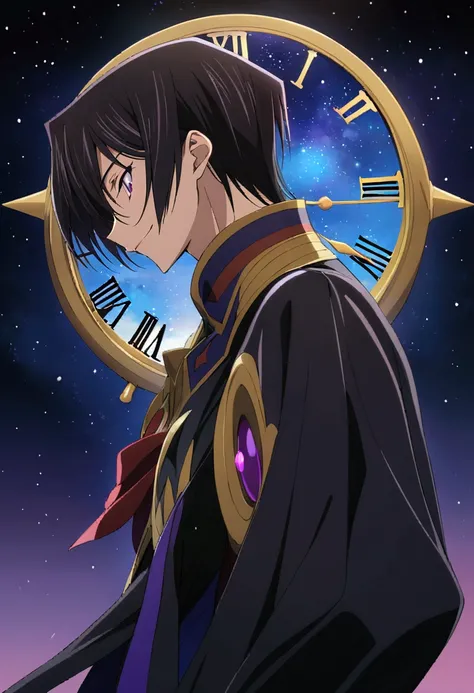 Anime man code geass lelouch lamp clock. ,short black hair,unique violet eyes, I smile, Simple background, Great job, precise, Anatomy is correct, Best quality,   Side view looking at starry night sky 