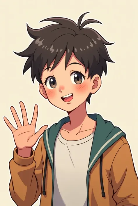 Create a instagram profile pic for teenager boy cute and beautifull anime saying hi with one hand