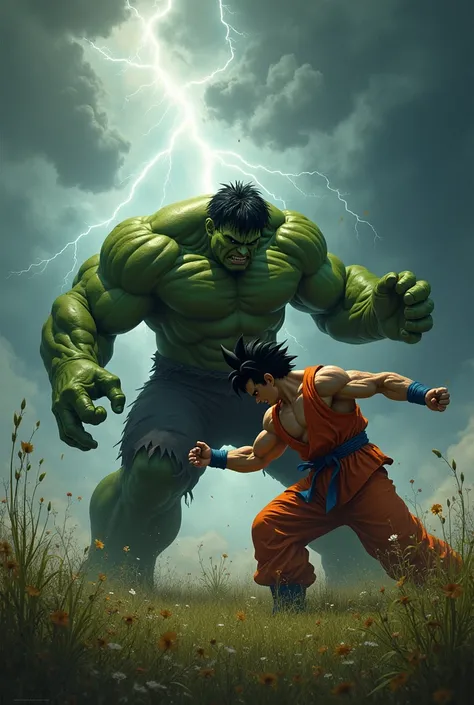 goku fighting the hulk in a meadow during a thunderstorm in the style of rembrandt,  deep shadows, masterpiece,