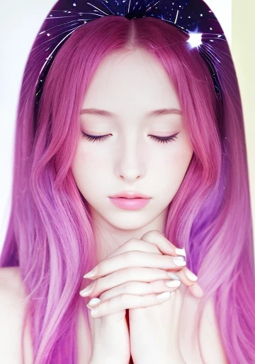 beautiful girl with long pink hair and cosmic stars in the hair, beautiful girl with eyes closed and  praying hands, realistic