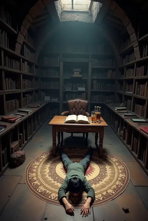 A night study room in a medieval European basement。The room is surrounded by bookshelves..。In the center is a large desk with a thick grimoire on it..。Modern Japanese men、He was lying face down on the floor with a magic circle drawn on it.。