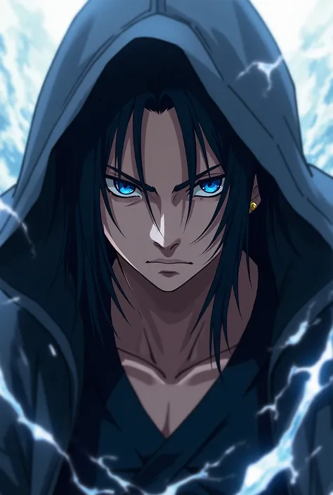 Black hair, Hood, Anime, สไตล์Anime, Center parted hair, High resolution model, earring, Movement Line, serious, Blue-eyed man