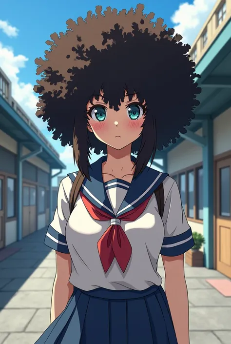 Afro hair covering both eyes,High school girl,high quality, Japanese,Large Breasts, anime, 