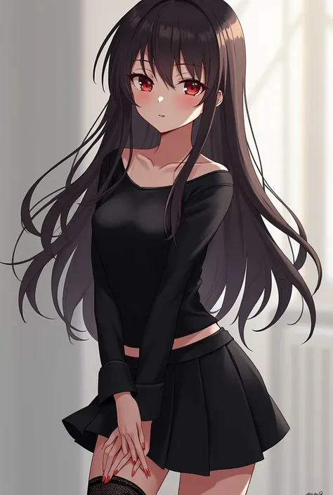 Animegirl, 17yo, black skirt, black shirt, leggings, long dark hair, slight smile, showing herunderwear,