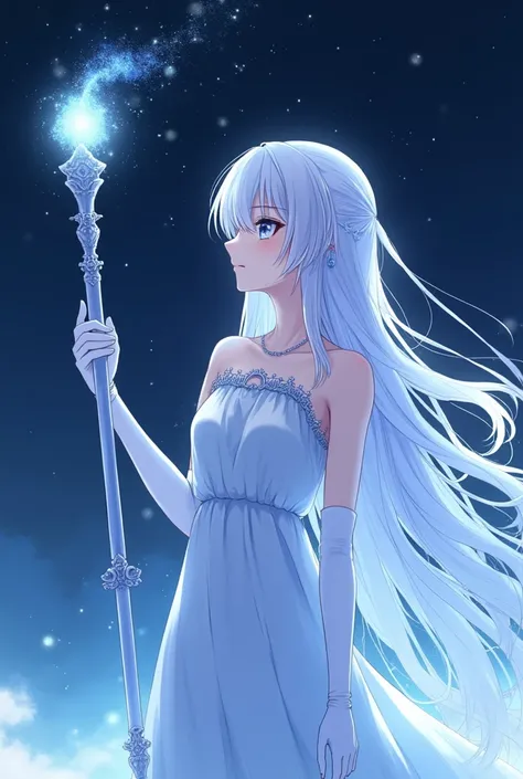 White long hair anime girl，White Gloves，anime style，Night sky，Giant magic wand