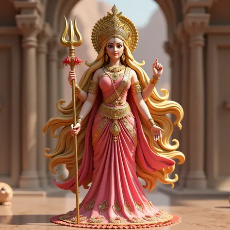 Create A 3D Hd Fully Realistic Image Of Goddess Durga Wearing Pink Embroidery Work Saree , Holding Trident In His Hand, Long Hair Golden Jewellery, High Quality 4k image,undefined, undefined, undefined, undefined, undefined, 