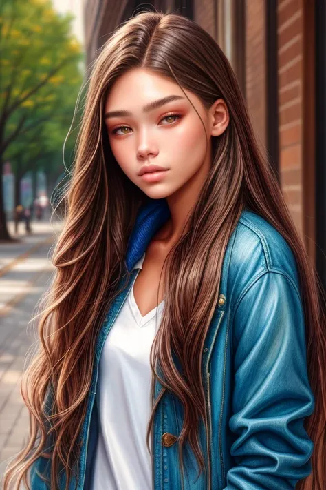 a painting of a woman with long hair and a jacket, madison beer girl portrait, realistic cute girl painting, realistic digital drawing, realistic art style, detailed beautiful portrait, realistic digital painting, realistic digital illustration, detailed c...