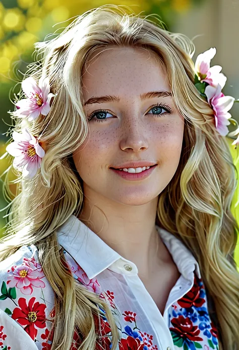 photography half body portrait of very beautiful realistic girl, 20-years-old, porcelain skin, blonde, long wavy, small nose, happy face, unique face, wear flowers shirt, detail photo, realistic photo, master piece picture, sharp picture, outdoor clear day...