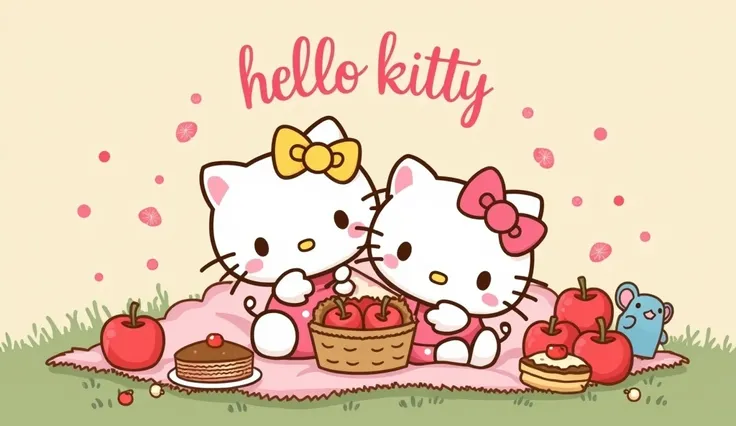 A realistic 12K illustration. The realistic lighting of this image features two Hello Kitty cartoon cats sitting on a pastel-colored blanket. One cat is wearing a yellow bow and holding a candlestick, while the other has a pink bow near a basket full of ap...