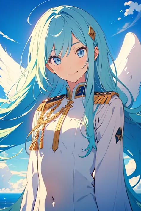 Clear and detailed facial features,Long legs, Beautiful sister,Long Hair,Cinematic light effects,Angel Wings,blue eyes,Light green hair,Above the Clouds,uniform,Smiling with teeth showing, 