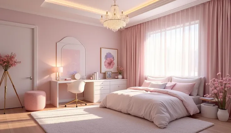 Ultra-realistic 8K resolution, intricately designed modern teenagers bedroom, chic minimalist aesthetic, soft pastel colors, feminine, sweet, gentle, diffusion filtered lighting, delicate florals, fresh flowers, plush carpet, trendy desk, stylish chair, el...