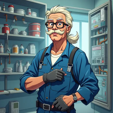 Refrigeration technician with moustache, mullet und brille im anime stil