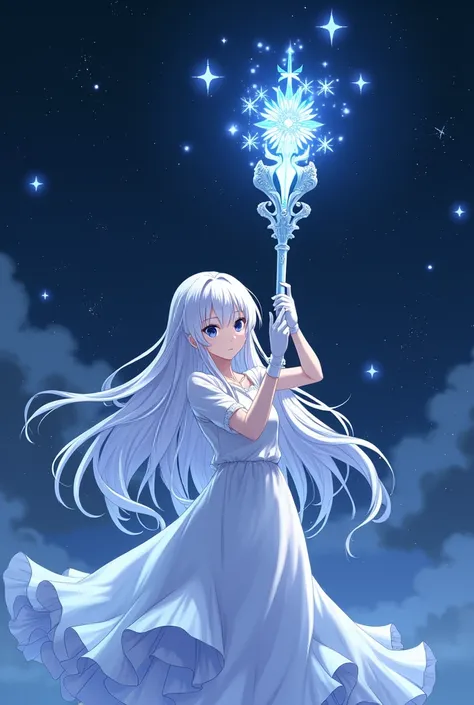 White long hair anime girl，White Gloves，anime style，Night sky，Giant magic wand