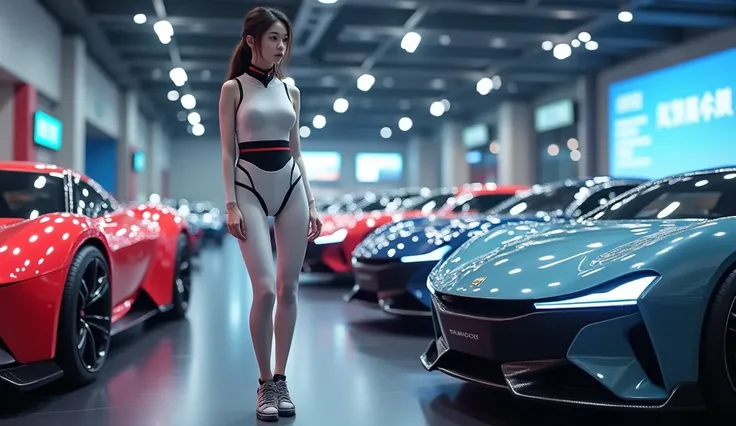 A female college student working part-time at the Tokyo Motor Show。She is in charge of futuristic concept cars.。Her outfit is a sexy futuristic outfit.。The main focus is on concept cars。