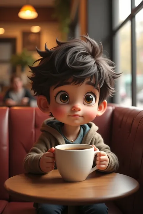 A boy drinking coffe in coffe shop