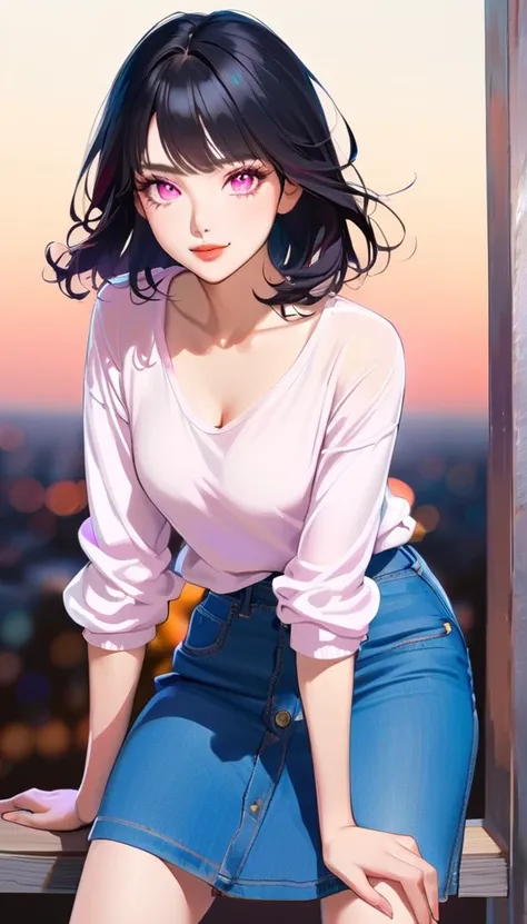 1woman, solo, 2, black  hair,  smile, pink eyes, detailed eyes, eyelashes, clear lips,  blue sky, cowboy shot, Casual clothing, sexy pose, glowing skin