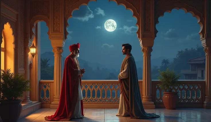 In night, a lucknowi haveli terrace. Open Jharokha. A Nawab is talking to a young handsome nawab 